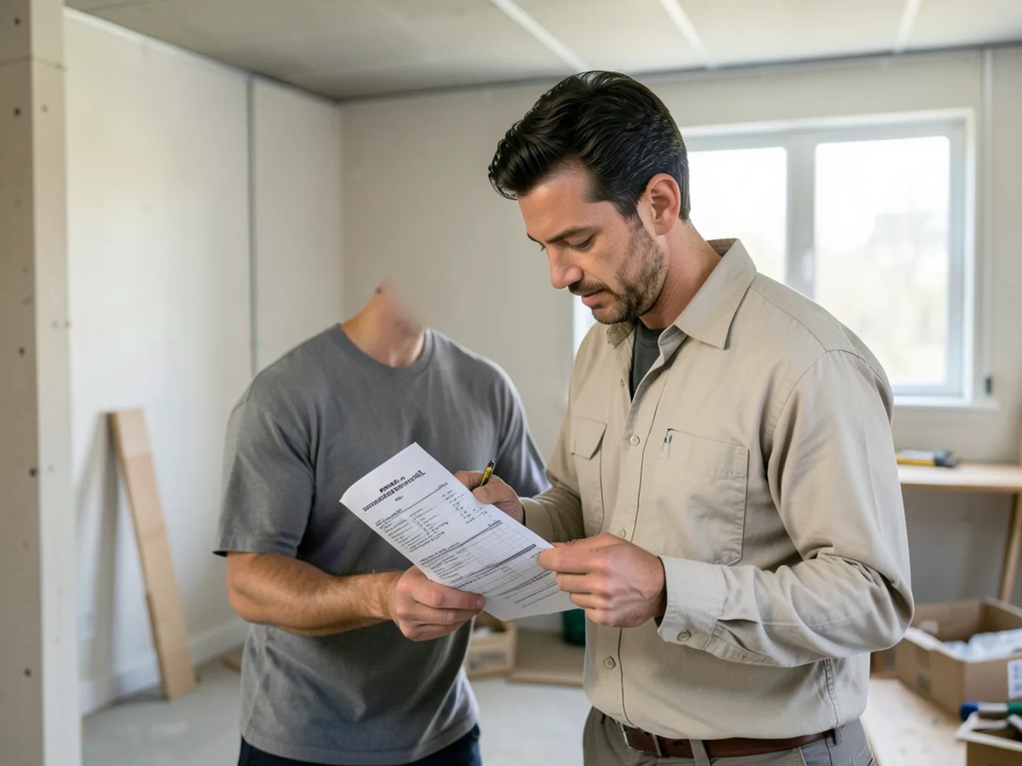 Independent contractor reviewing printed itemized estimate with homeowner