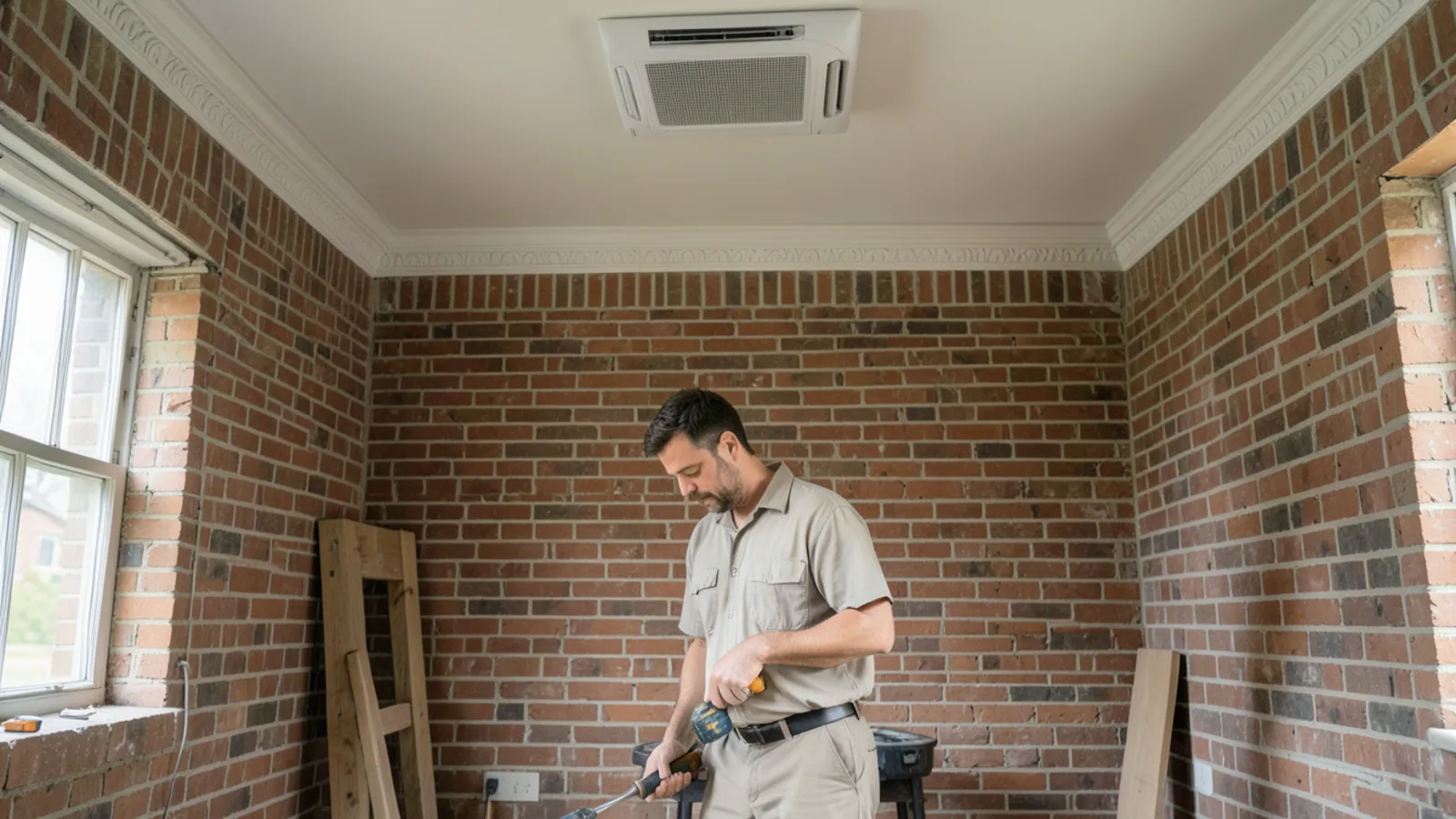 Living room in historic suburban home showing ornamental radiator alongside modern ceiling cooling diffuser