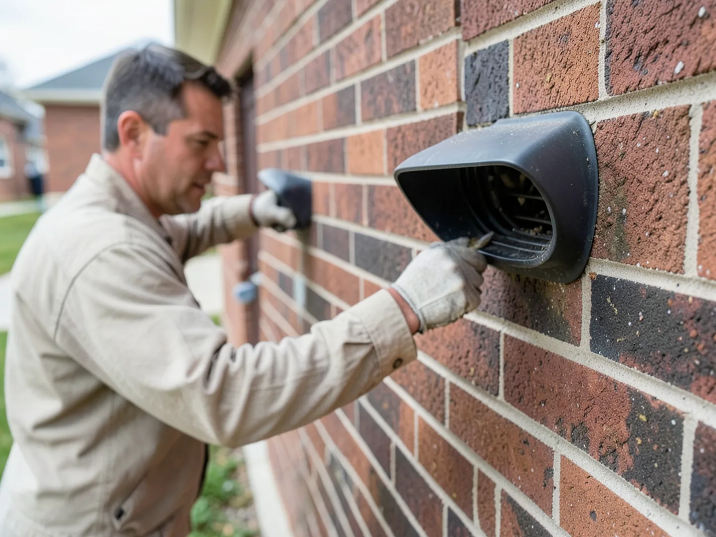 Close-up of exterior wall with louvered dryer vent hood and PVC furnace flue pipe terminations