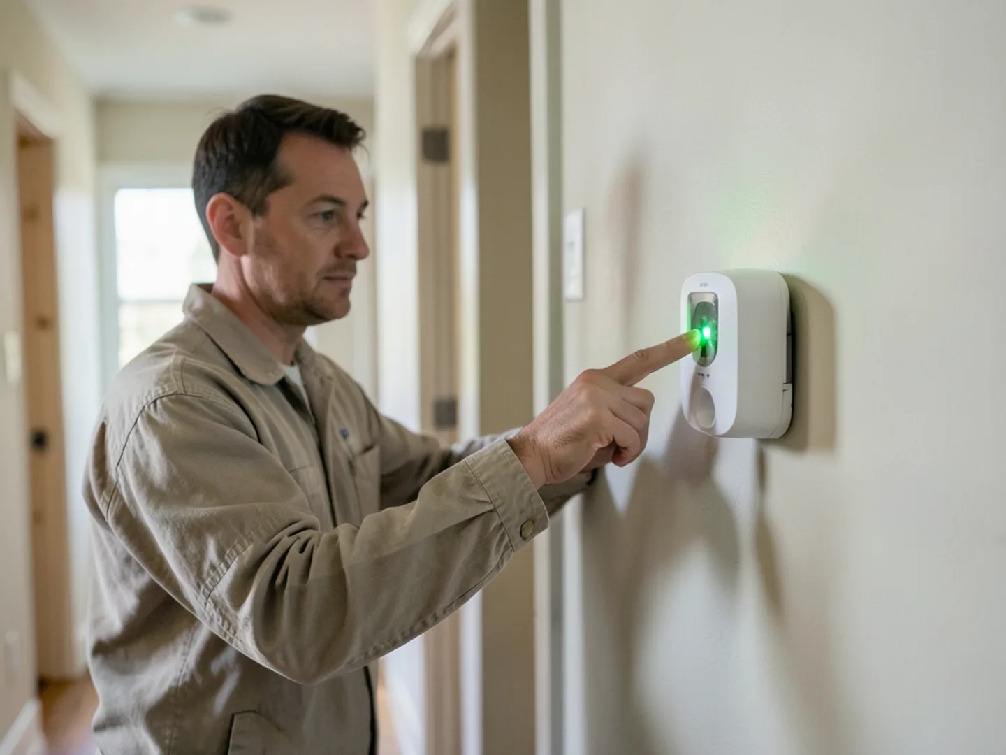Finger pressing test button on digital plug-in carbon monoxide alarm with battery backup