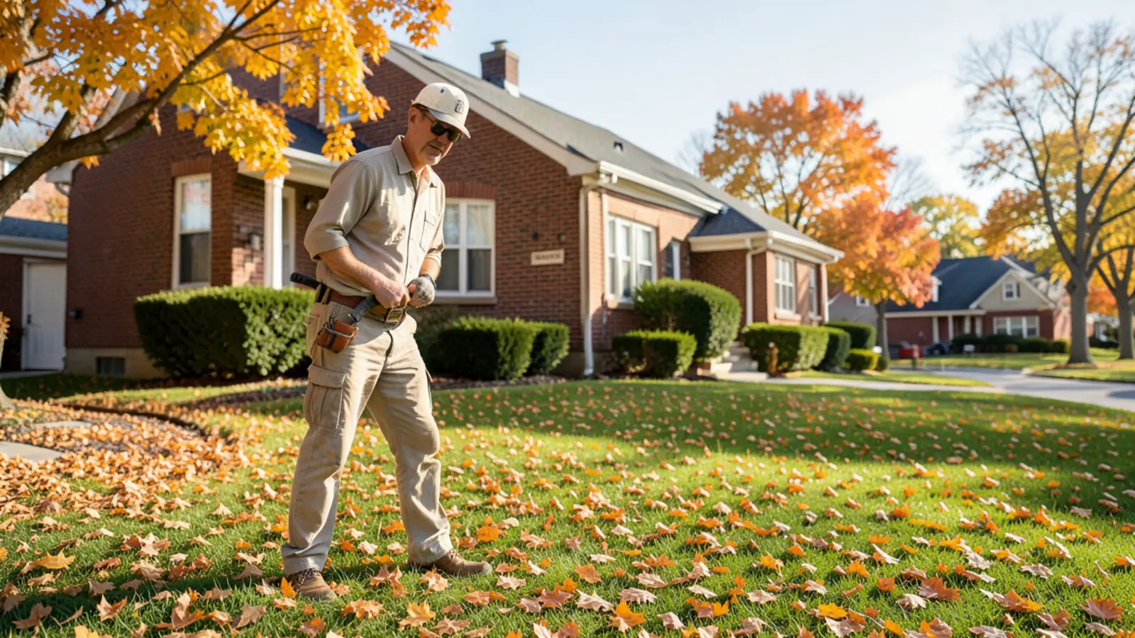 Home exterior in October with fallen autumn leaves around lawn and heating service truck in driveway