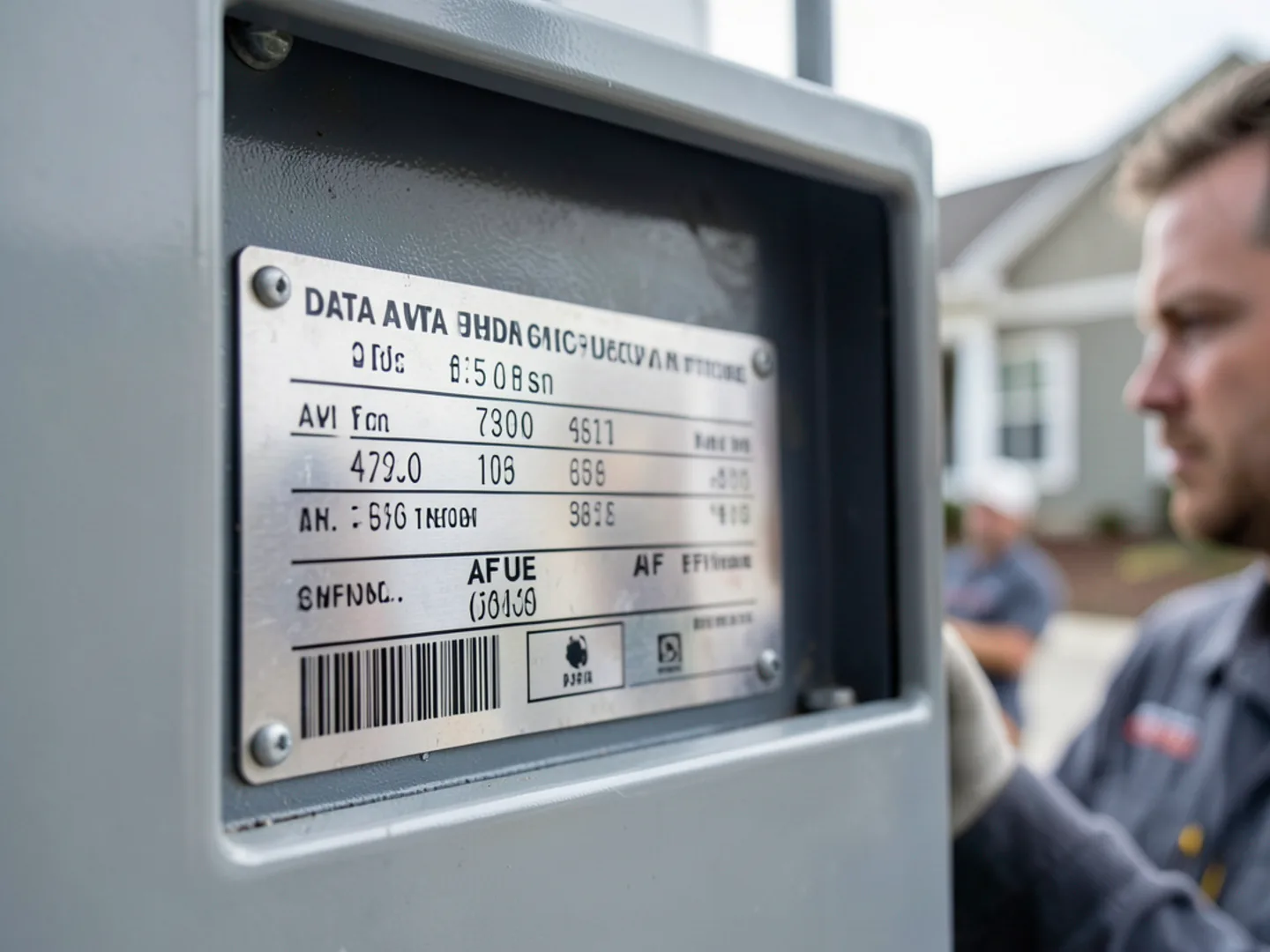 Metal manufacturer data rating plate inside furnace door displaying model, serial, and AFUE efficiency