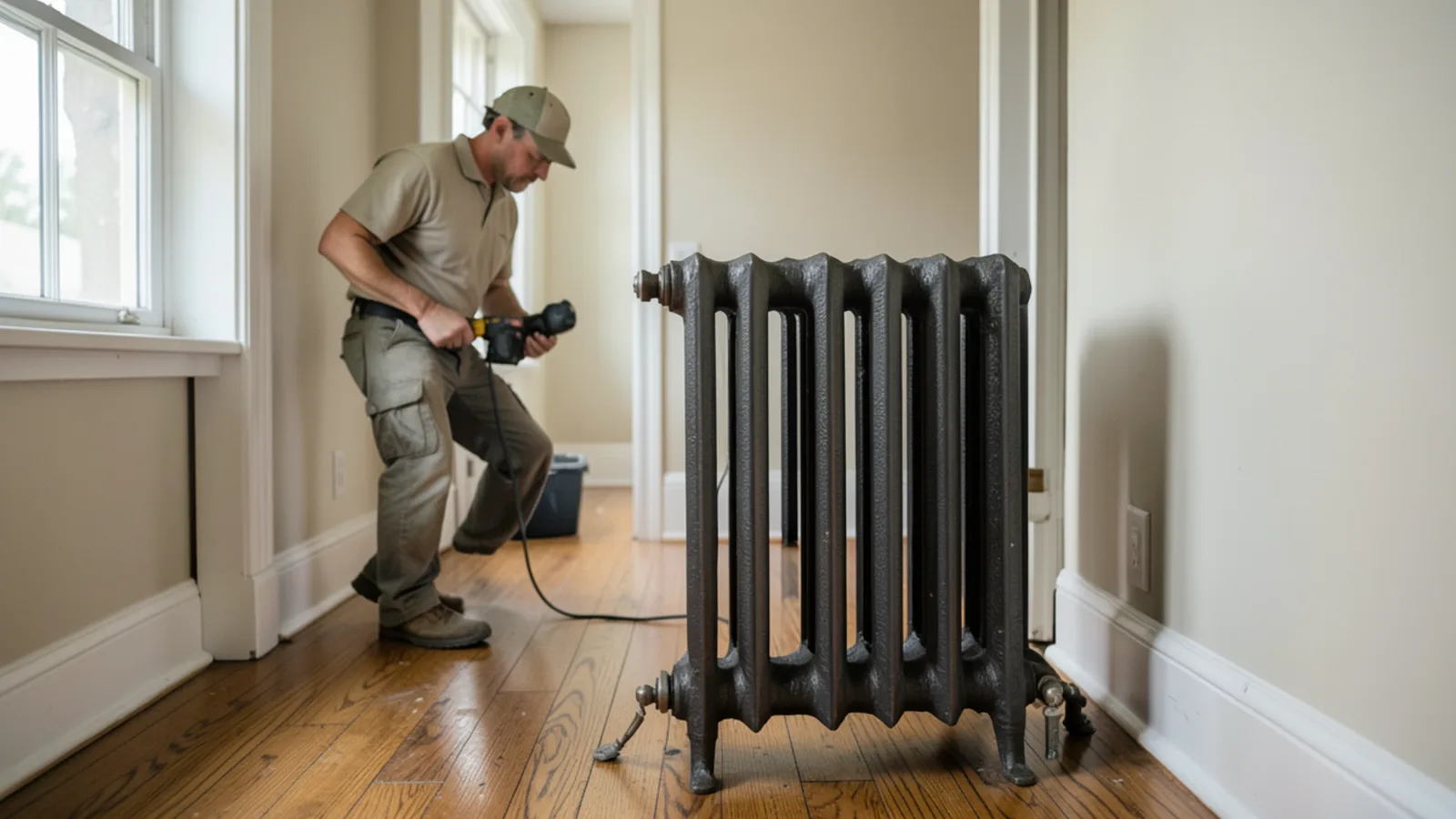 Vintage cast-iron radiator painted ivory beneath wooden windowsill in traditional suburban home