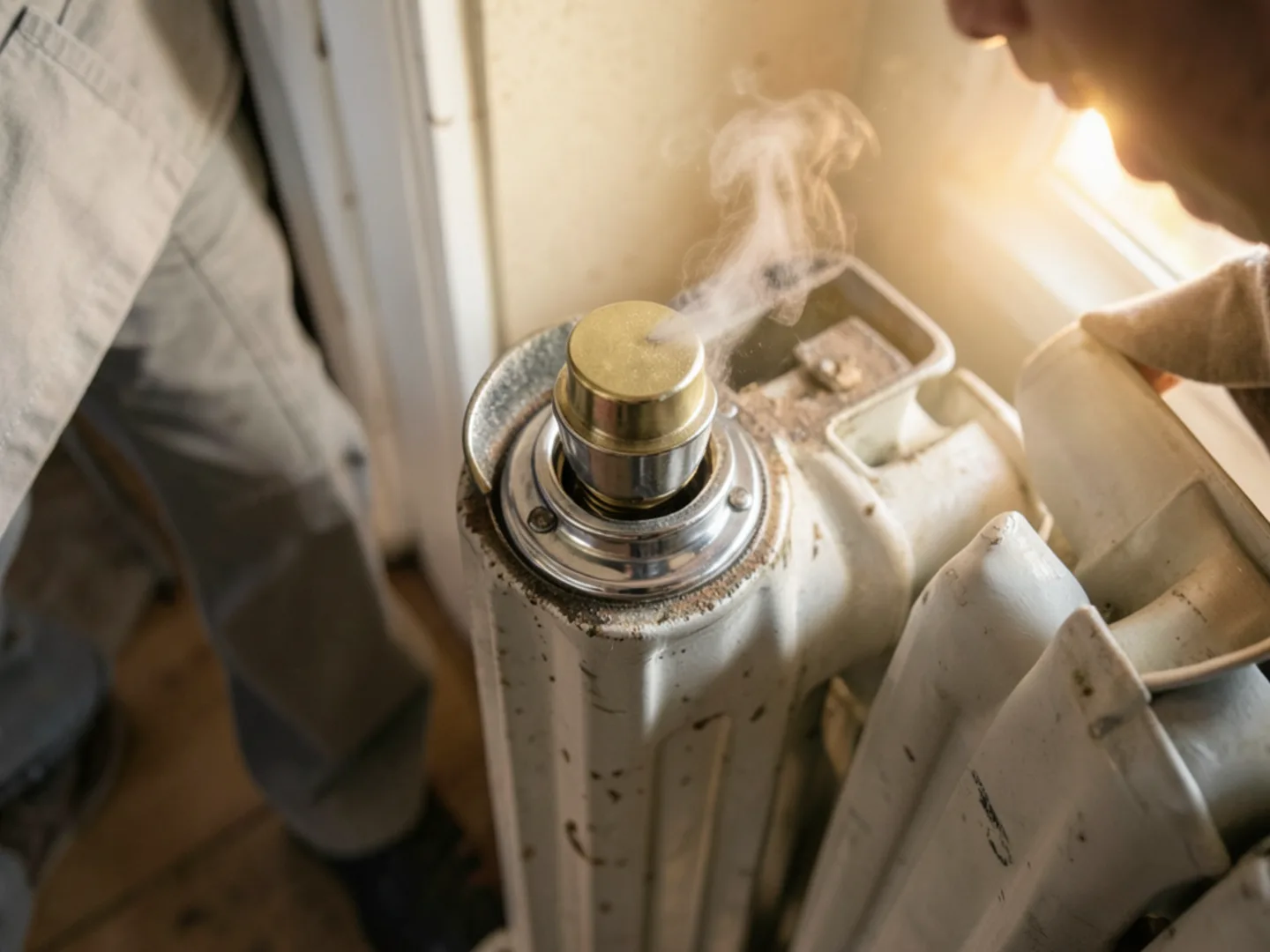 Polished angled brass radiator air vent valve installed on steam radiator casting