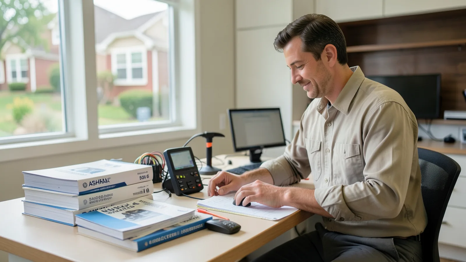 Technical HVAC manuals, code books, and digital pressure gauges on an engineering desk
