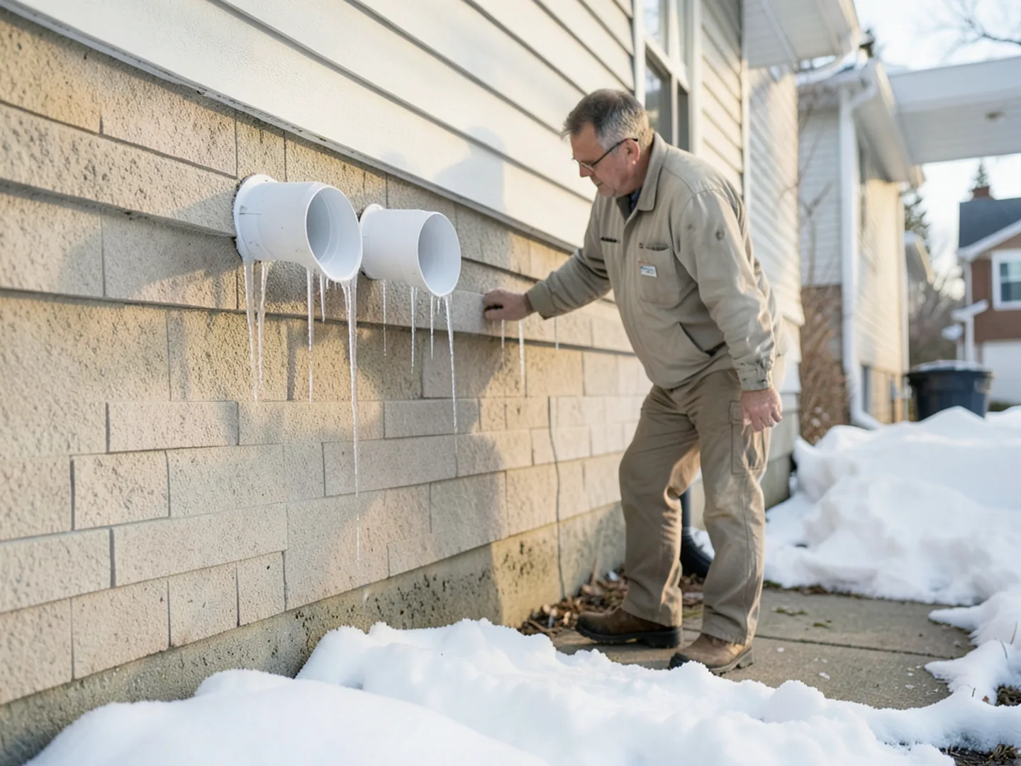 Heavy exterior icicles obstructing concentric PVC intake and exhaust pipes of condensing furnace
