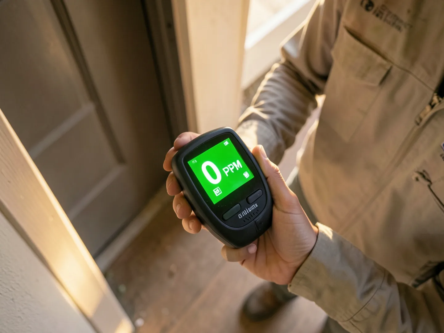 Handheld ambient carbon monoxide monitor displaying safe zero PPM reading in furnace room