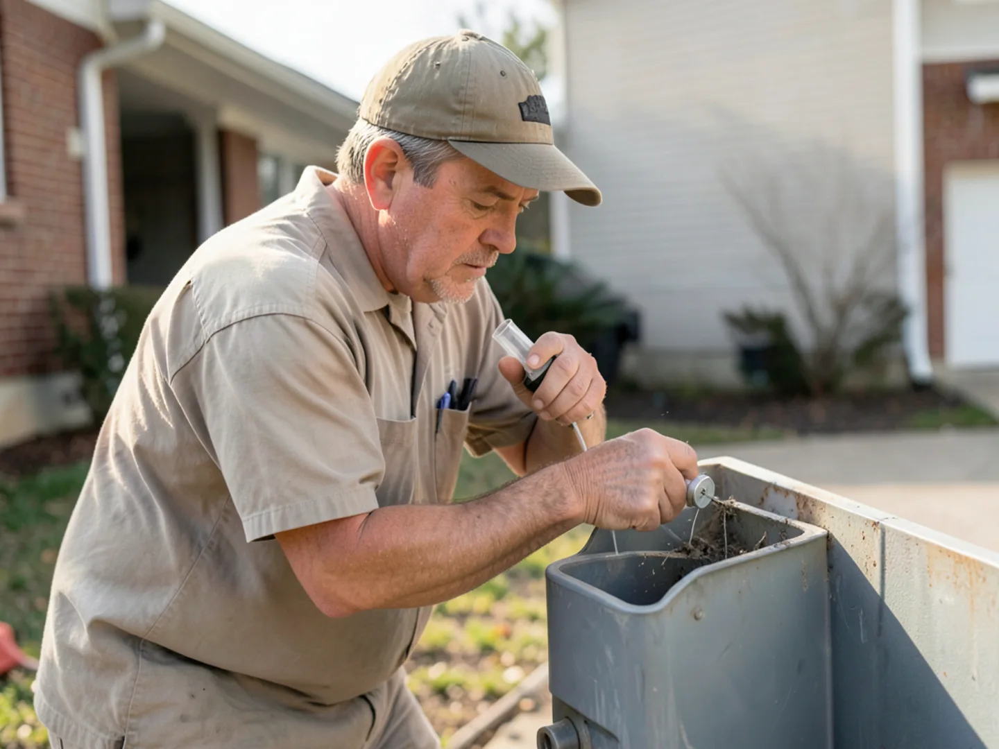 HVAC technician inspecting differential pressure switch draft tubes and cleaning collector box port barb