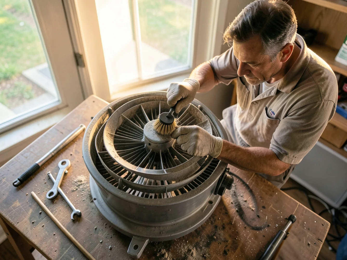 Technician brushing dust and lint accumulation from curved blades of a direct-drive furnace blower fan wheel