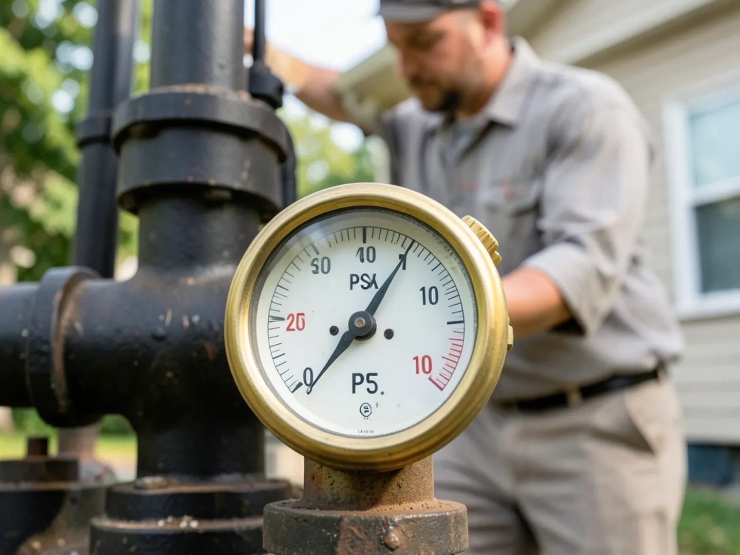 Pressure and altitude gauge on a residential cast-iron hydronic heating boiler