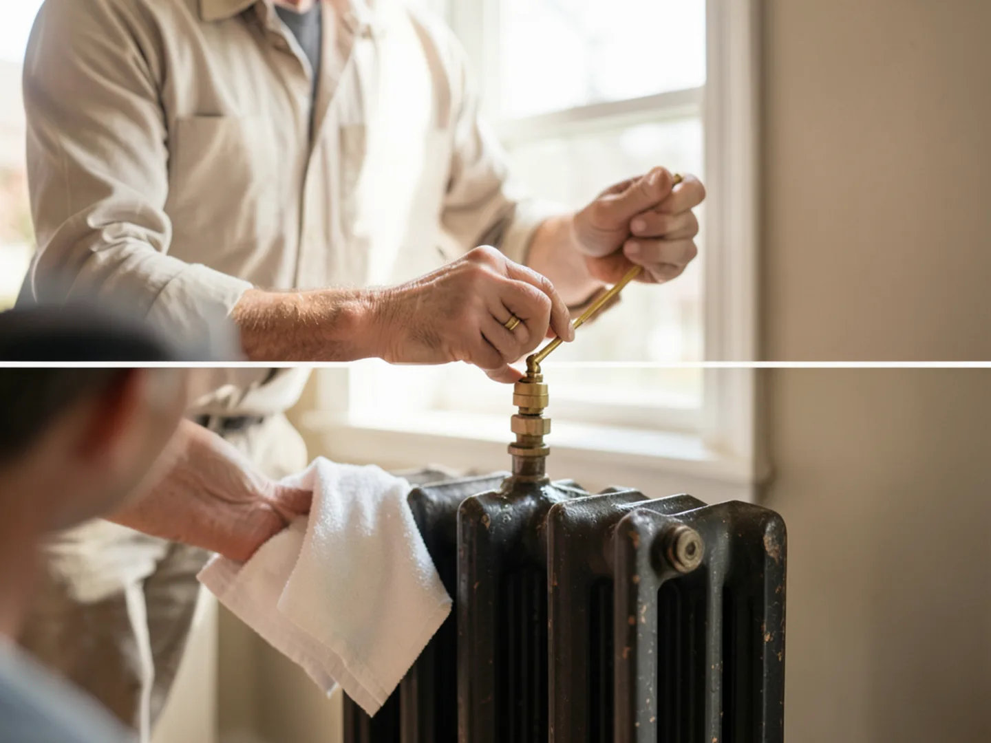 Technician opening a brass radiator bleed valve with a radiator key to release trapped air