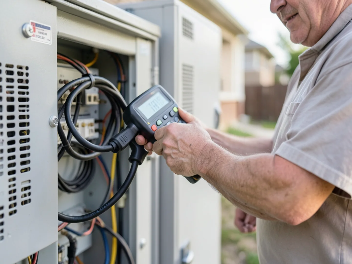 True-RMS clamp-on ammeter clamped around electrical conductor measuring compressor running load amps