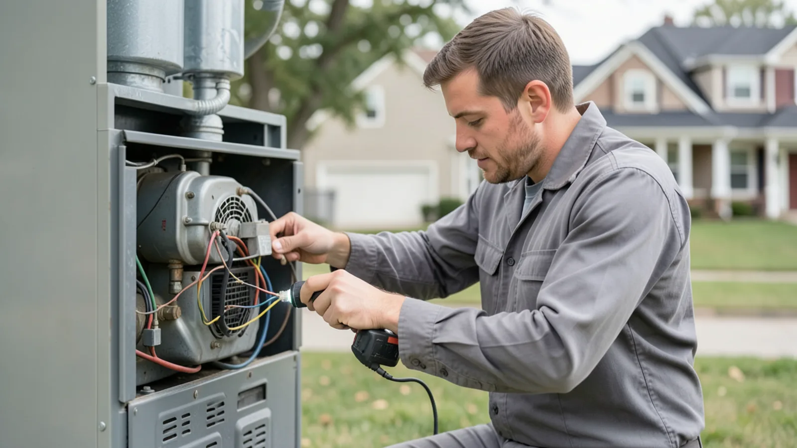Technician in clean uniform kneeling beside high-efficiency gas furnace performing annual maintenance