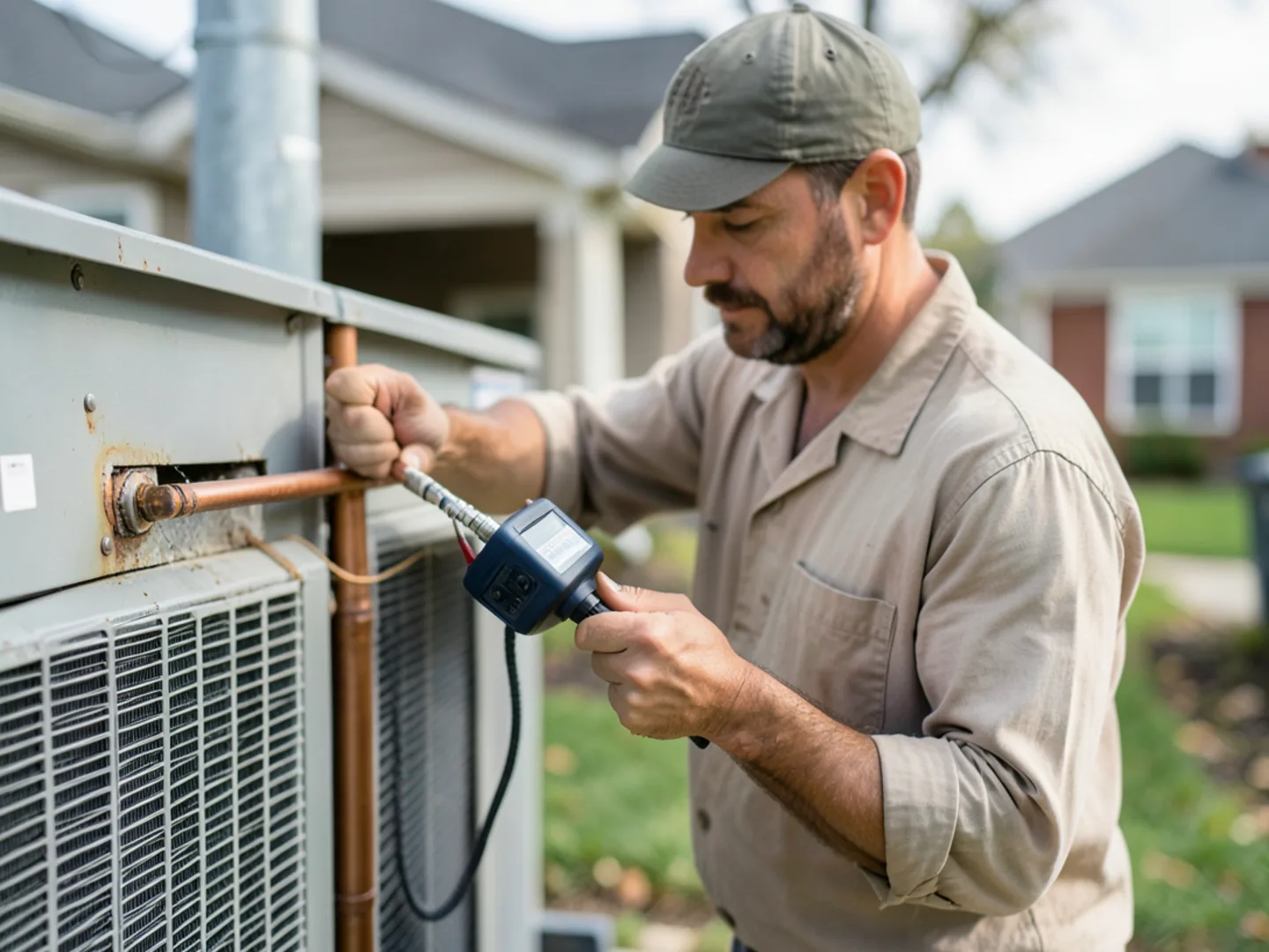 Gooseneck electronic halogen leak detector probe checking copper solder joints on an indoor evaporator coil