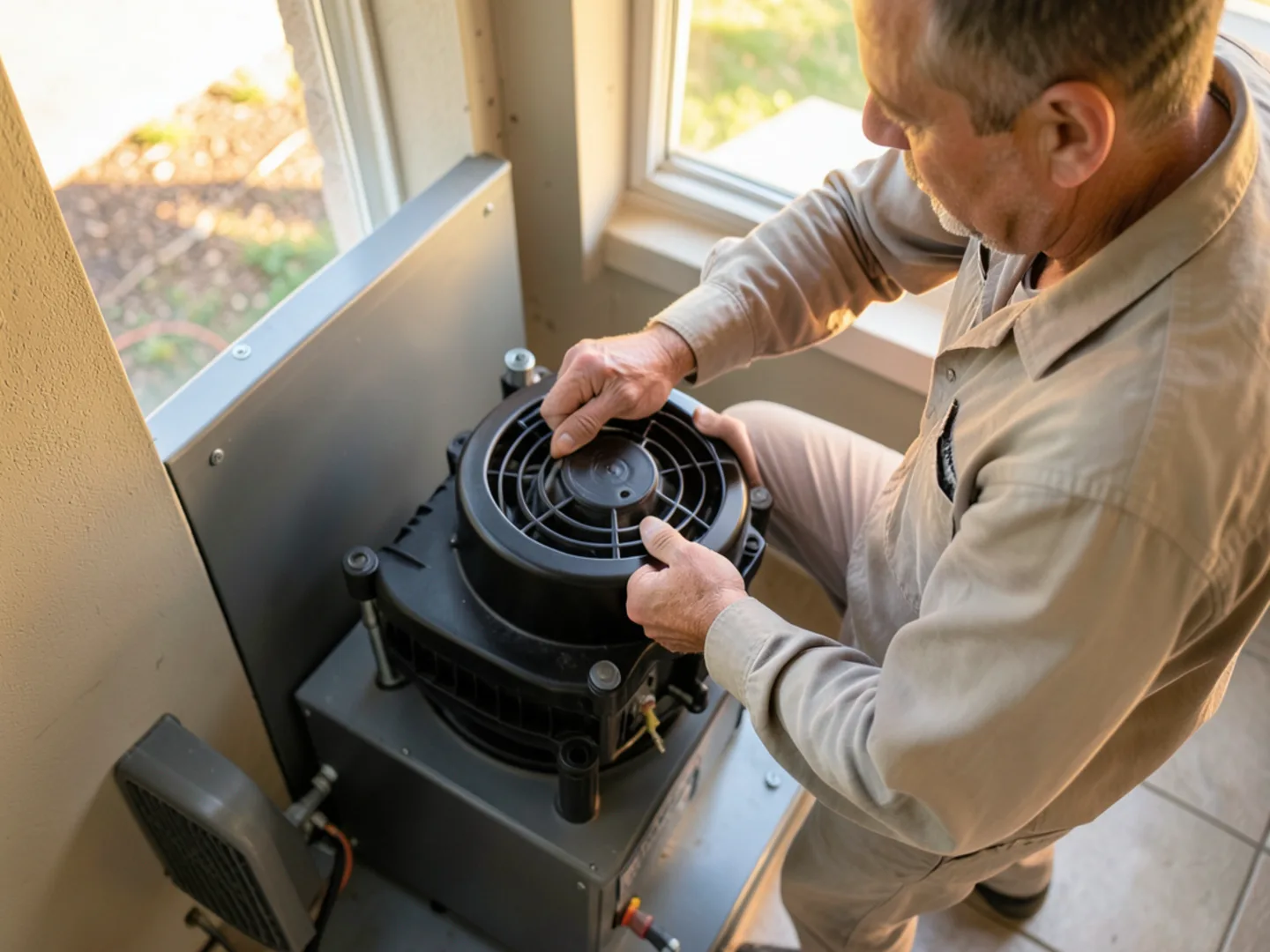Technician securing mounting screws on a new combustion draft inducer blower motor on furnace collector box