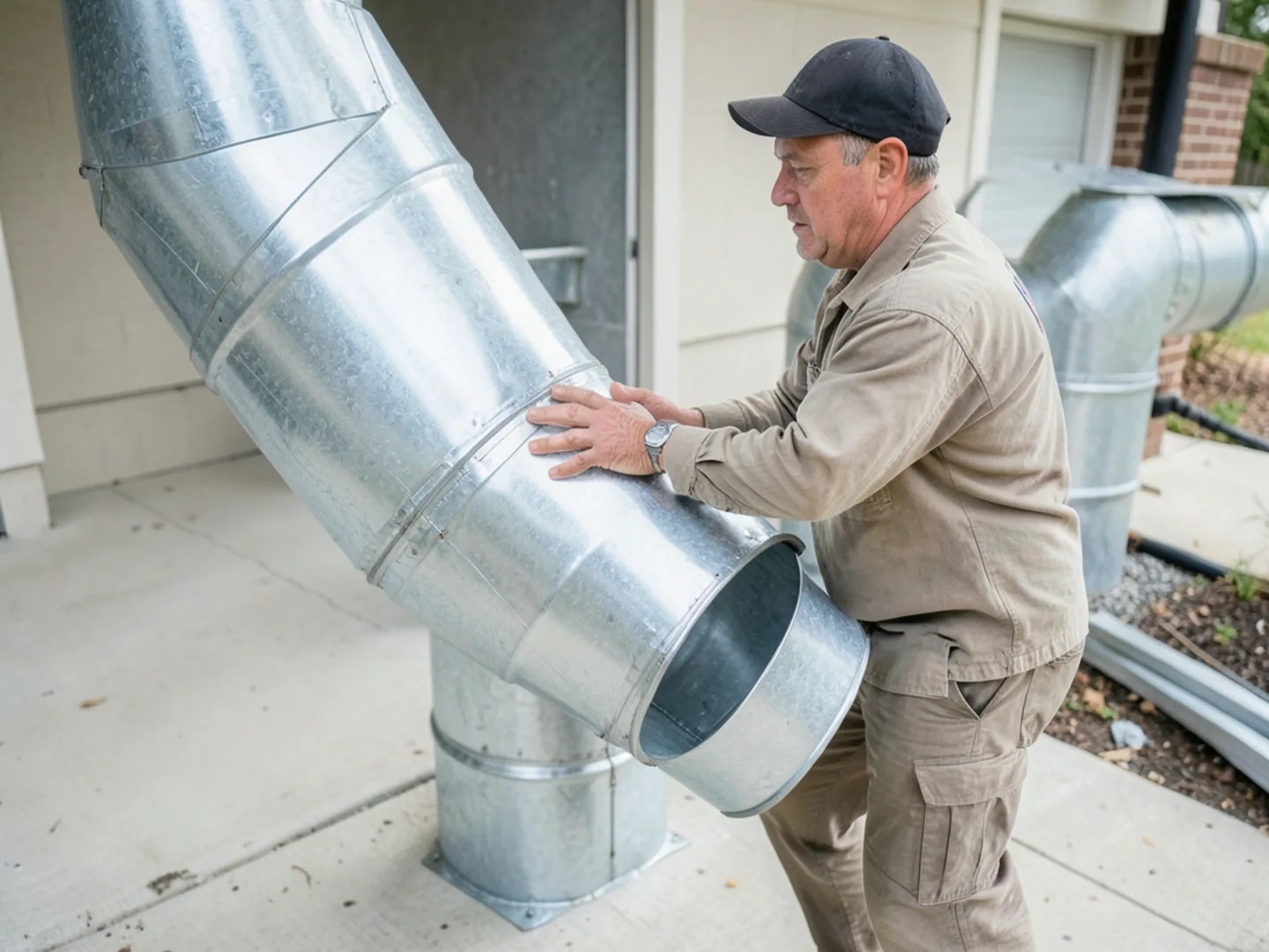 Galvanized sheet metal supply air transition duct cross-broken and sealed with mastic paste