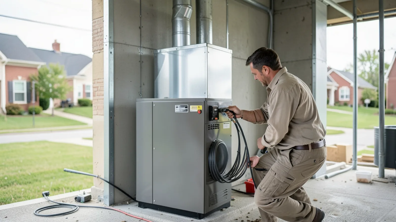 Newly installed high-efficiency variable-capacity central heat pump outdoor unit on composite equipment pad