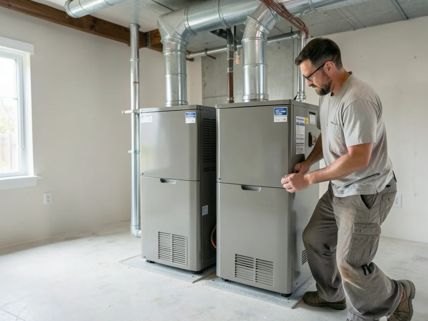Dual high-efficiency gas furnaces installed side by side in Burr Ridge basement