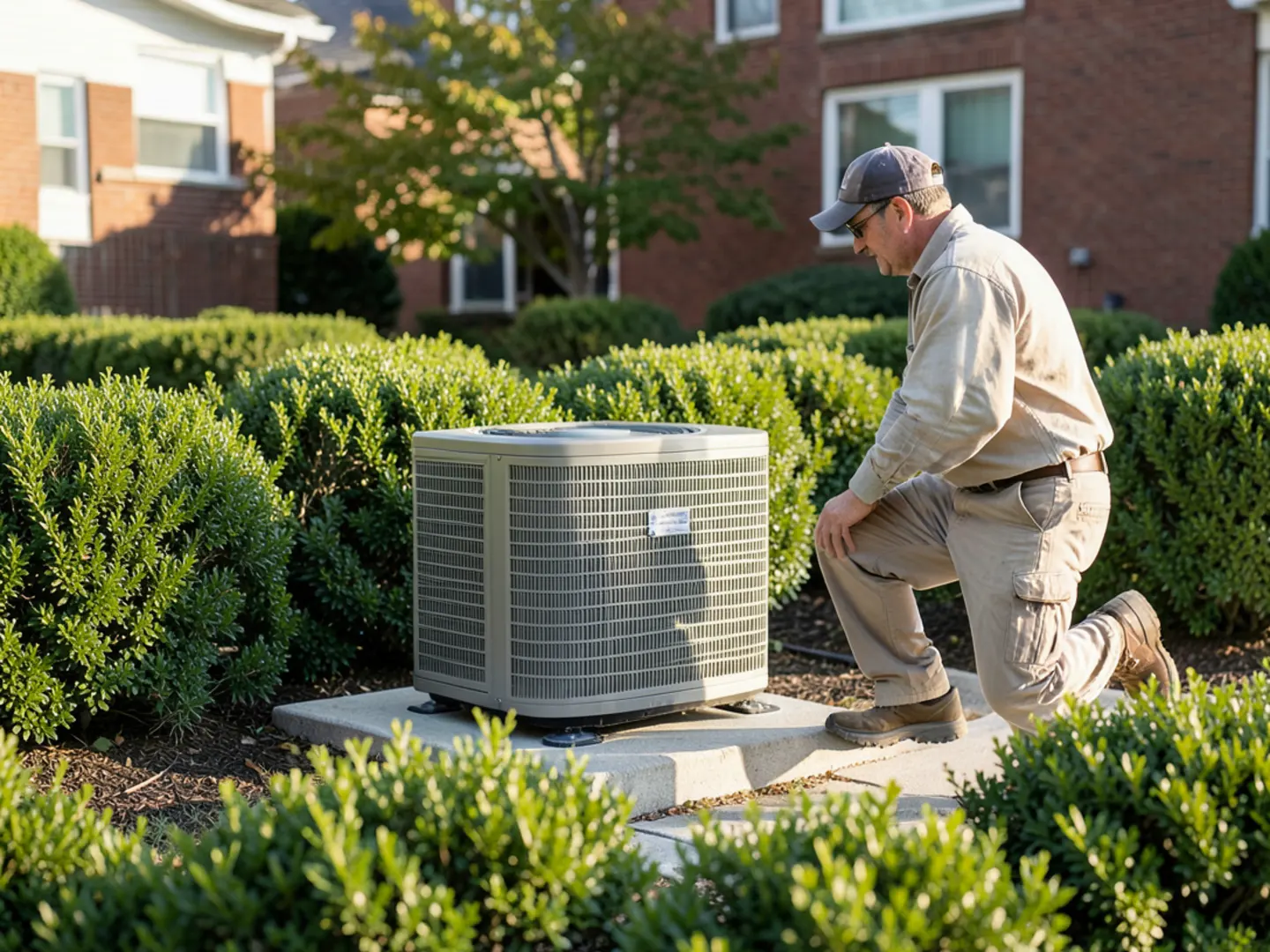 Bank of three outdoor central air conditioning condensers beside Burr Ridge estate