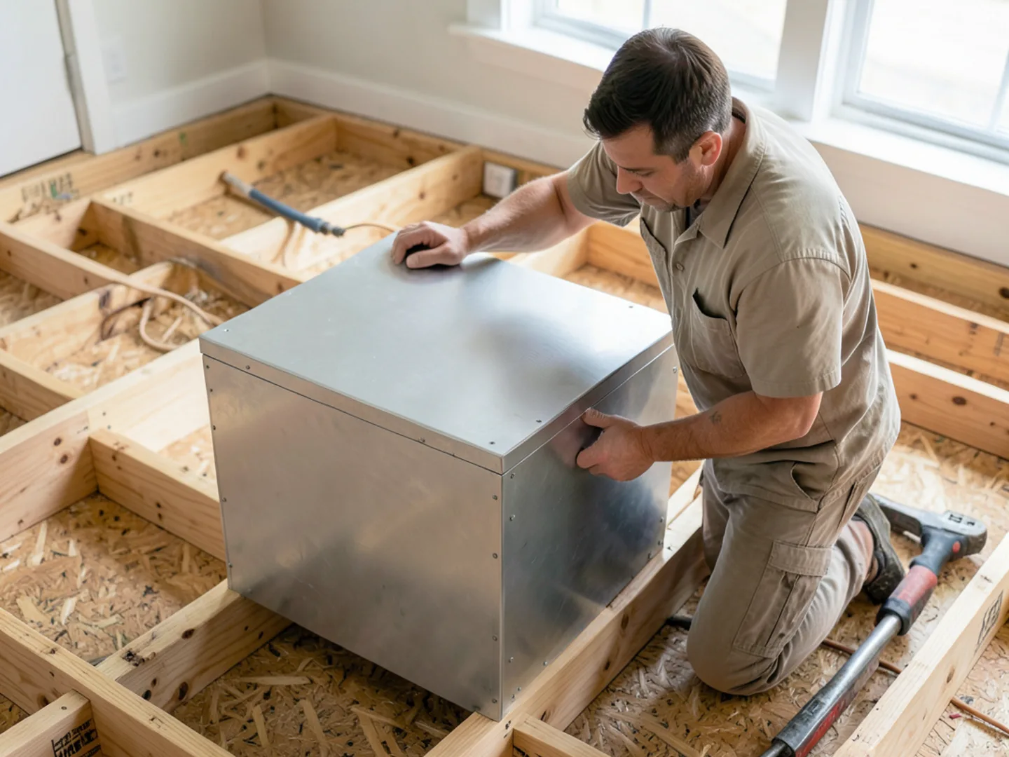 New construction residential HVAC sheet metal ductwork rough-in with sealed trunk lines