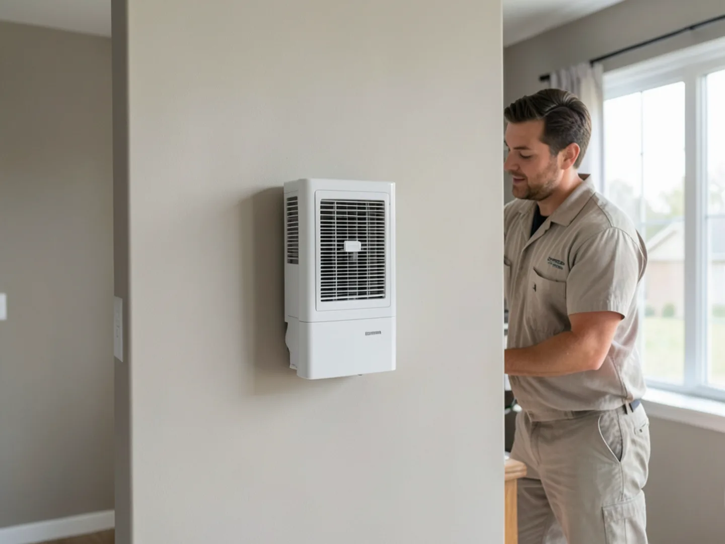 Sleek white ductless mini-split indoor wall unit mounted near ceiling in bedroom