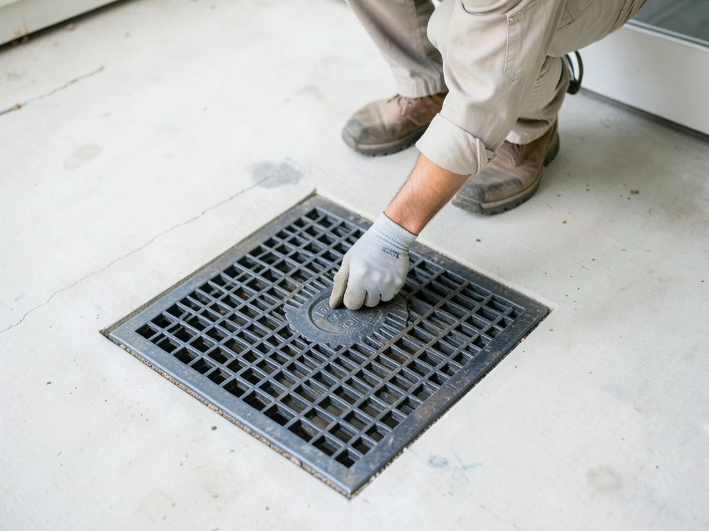 Floor register embedded in concrete slab perimeter heating duct network in ranch home