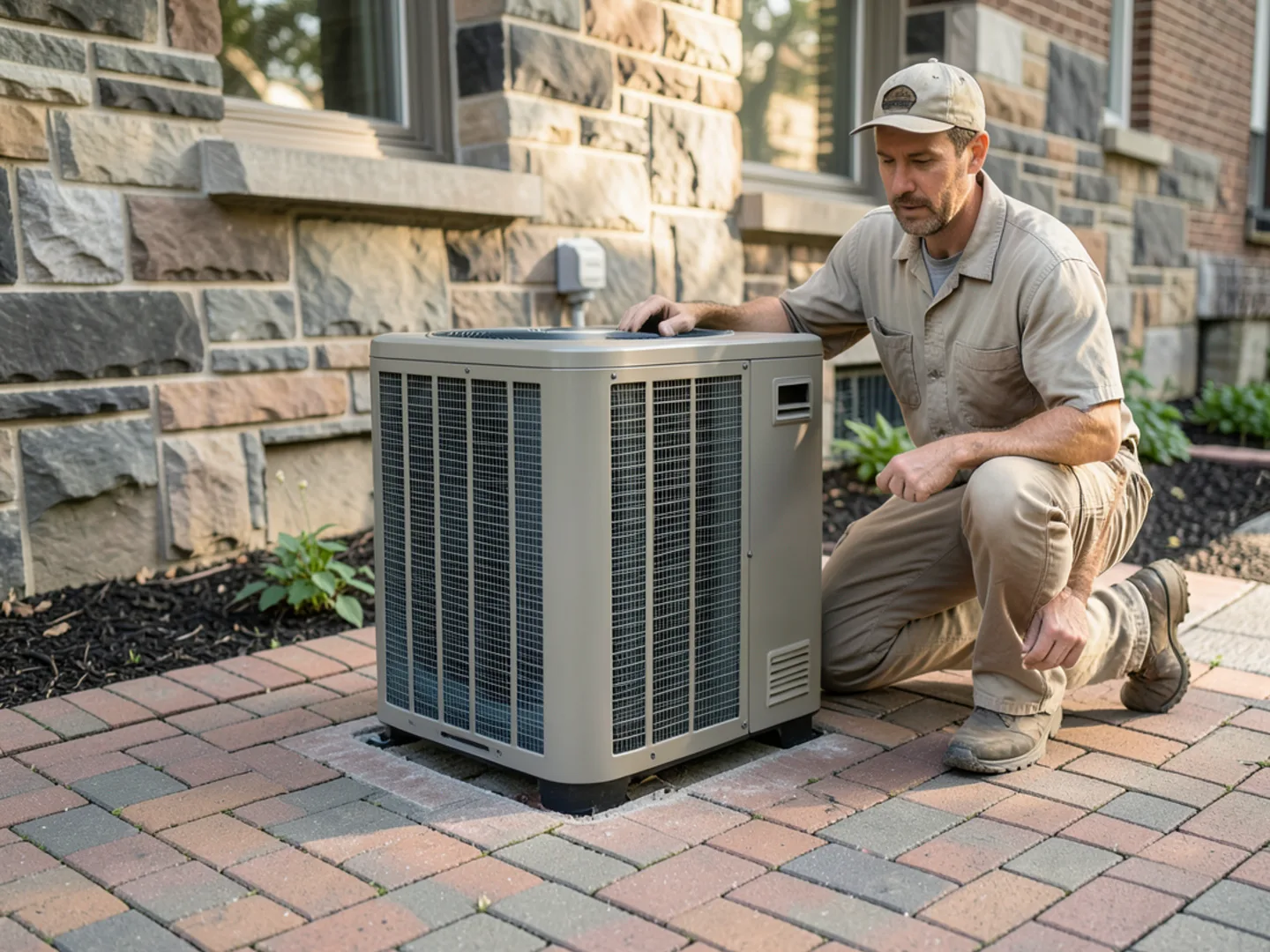 Multi-zone ductless outdoor heat pump unit tucked discreetly beside brick patio garden