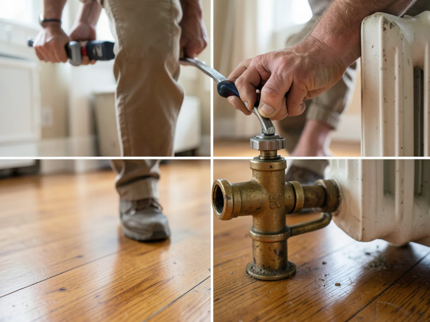 Technician packing Teflon valve stem seal on vintage cast-iron radiator brass supply valve