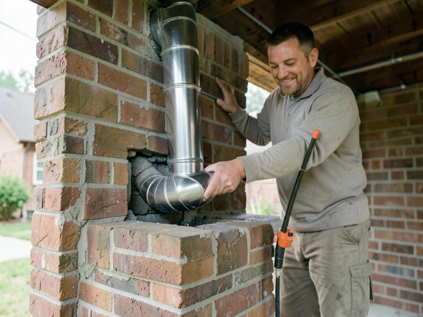 Stainless steel flexible chimney flue liner installed inside brick masonry chimney
