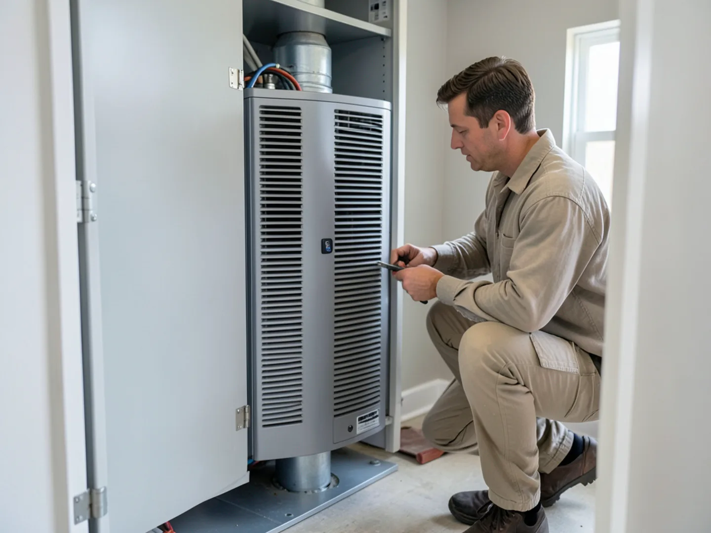 Compact downflow gas furnace installed in condo utility closet with side return air duct